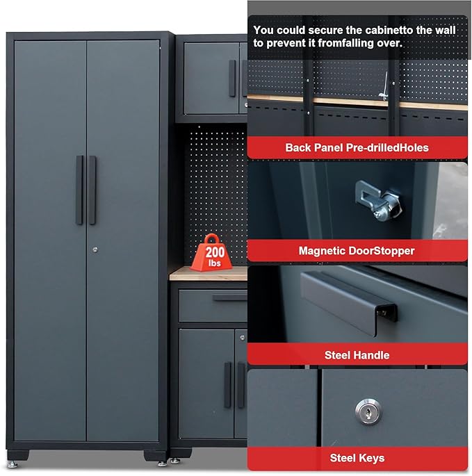 Garage Storage Cabinet System, 9PCS Tool Chest Workbench Storage System in Black, Included Steel Cabinets Drawers Rolling Chest and Pegboard,Locked Garage Storage Cabinet,Grey Handle