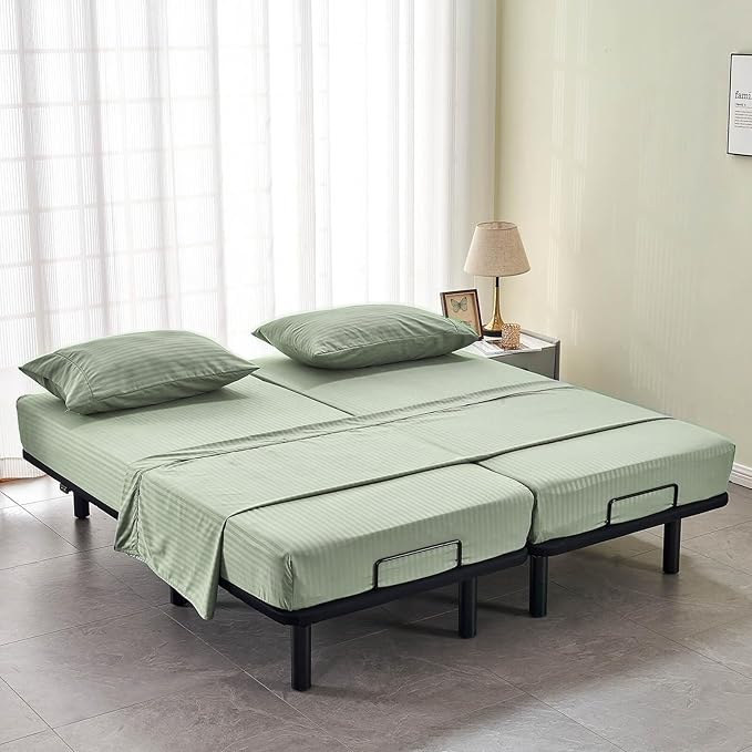 Kingnex Striped Split Queen Sheets for Adjustable Bed Soft 1800 Brushed Microfiber 5 Pieces Set Includes 2 30x80 Fitted Sheets with 14 Max Deep 1 Flat Sheet 2 Queen Size Pillowcases Sage