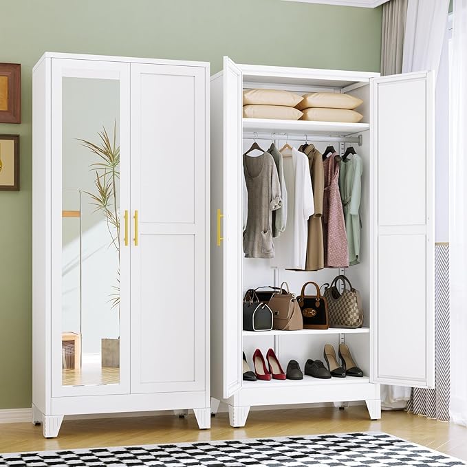 RIETERN Metal Armoire Wardrobe Closet, 71" Tall Bedroom Closet with Mirror, Adjustable Shelves, and Hanging Rod, Steel Clothes Closets and Storage, for Bedroom White