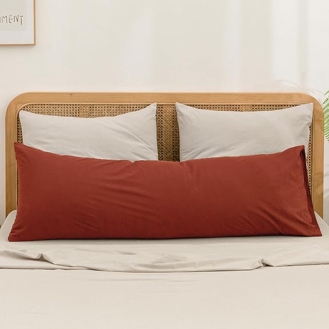 BESTOUCH 100% Washed Cotton Pillowcase for Hair and Skin Linen Feel Soft Comfortable Breathable 1 Pcs Pillow Case with Envelope Closure Solid Burnt Brick Red Body 20x54 Inches