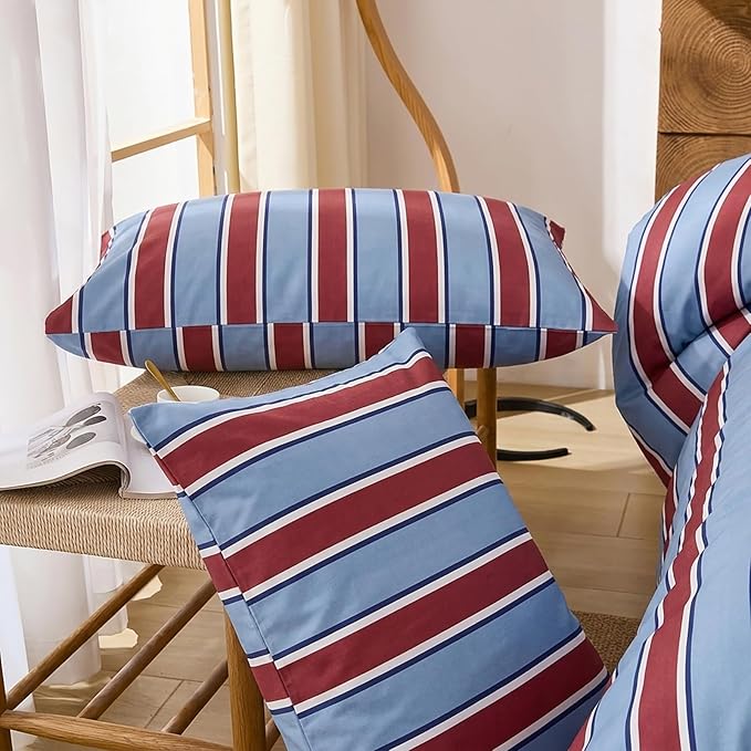 Merryword Burgundy and Blue Striped Pillowcases, 100% Cotton Pillow Cases, Standard Size Pillowcases, Luxury Linen Like Pillowcase, Soft Breathable Stripe Pillow Covers, Set of 2