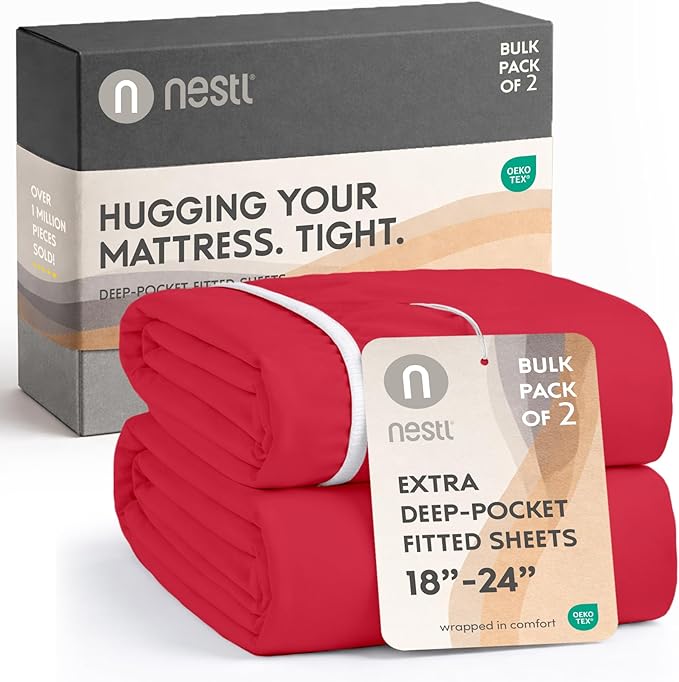 Nestl 2 Pack Red Fitted Sheet Extra Deep Pocket, Hotel Luxury TwinFitted Sheet Only Easily Fits 18 to 24 Inch Mattress, Super Soft, Wrinkle-Free and Breathable with Corner Straps