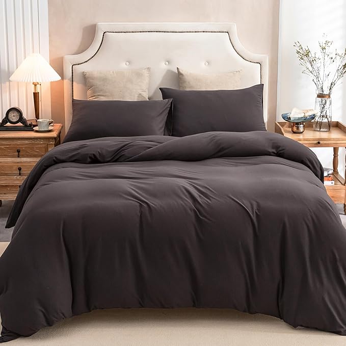 PURE ERA Jersey Knit Duvet Cover Set 100% T-Shirt Cotton Super Soft Comfy 3pc Bedding Set with Zipper Closure (Solid Dark Brown, King)