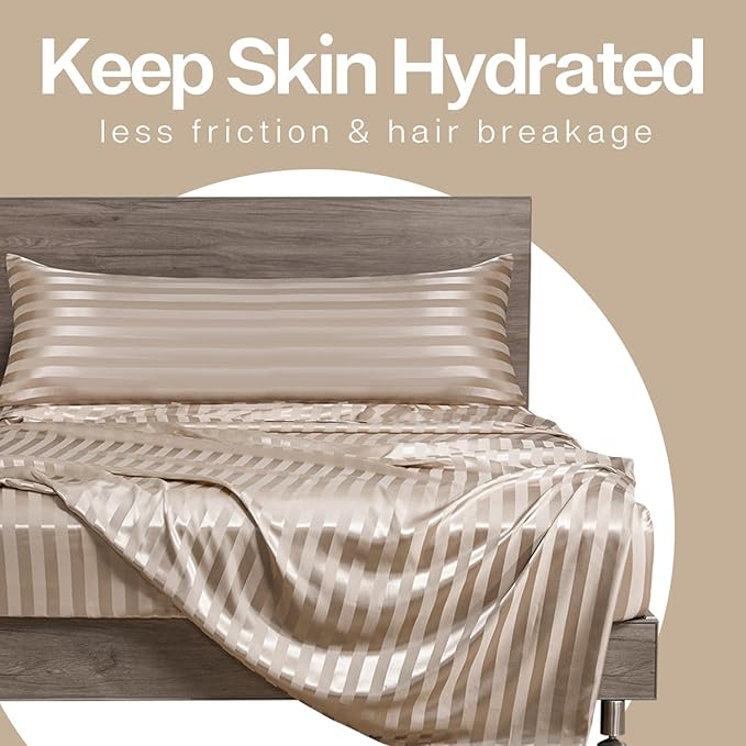 MR&HM Satin Body Pillow Cover, Soft and Breathable Body Pillow Case with Envelope Closure, Cooling and Silky Long Pillowcase for Hair and Skin,Grey (20x54, Champagne Striped)