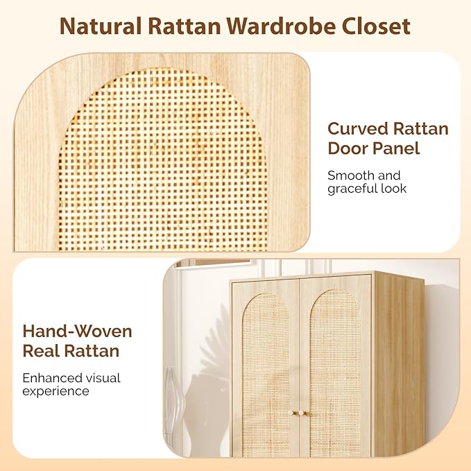 VINGLI Wardrobe Closet with Doors, Rattan Armoire Wardrobe Closet with Drawers & Hanging Rod, Wooden Armoire for Hanging Clothes, Natural Oak, 68.9" H