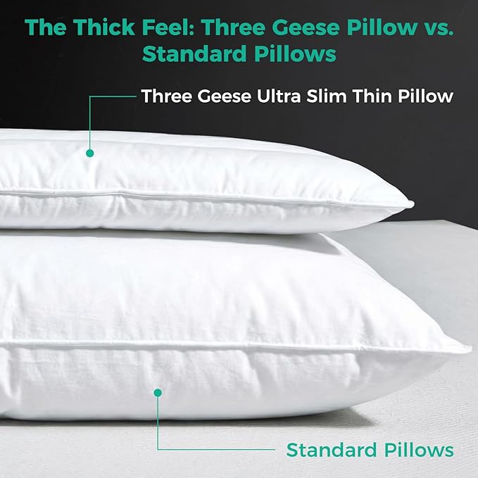 Three Geese Luxury Natural Flat Thin Goose Feather Down Pillows Standard Size, 2.5" Height, 100% Organic Cotton Cover, Medium Firm Hotel Collection Ultra Slim Thin Bed Pillows, Machine Washable