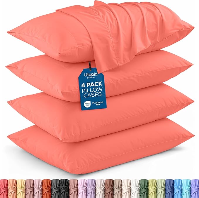 Utopia Bedding King Pillow Cases - 4 Pack - Envelope Closure - Soft Brushed Microfiber Fabric - Shrinkage and Fade Resistant Pillow Covers King Size 20 X 40 Inches (King, Coral)
