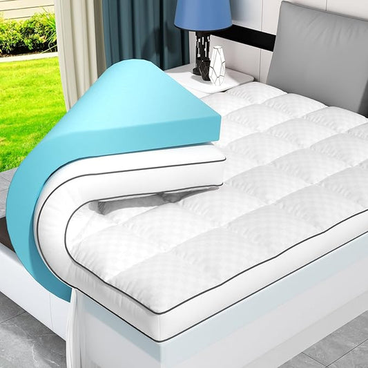 Dual Layer 4 Inch Memory Foam Mattress Topper Full Size, 2 Inch Cooling Gel Memory Foam and 2 Inch Pillow Top Mattress Pad Cover for Back Pain, Deep Elastic Pocket, Medium Support, White