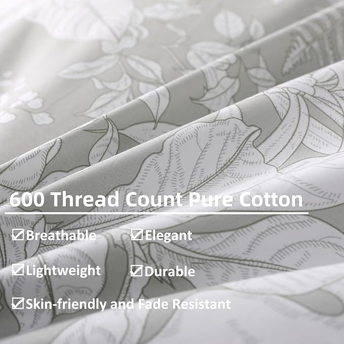 OAITE Duvet Cover Set Queen Size Floral Pattern 600 Thread Count Ultra Soft 100% Long Staple Cotton Duvet Cover Sets 3-PC, Breathable Duvet Cover with Zipper Closure & Corner Ties
