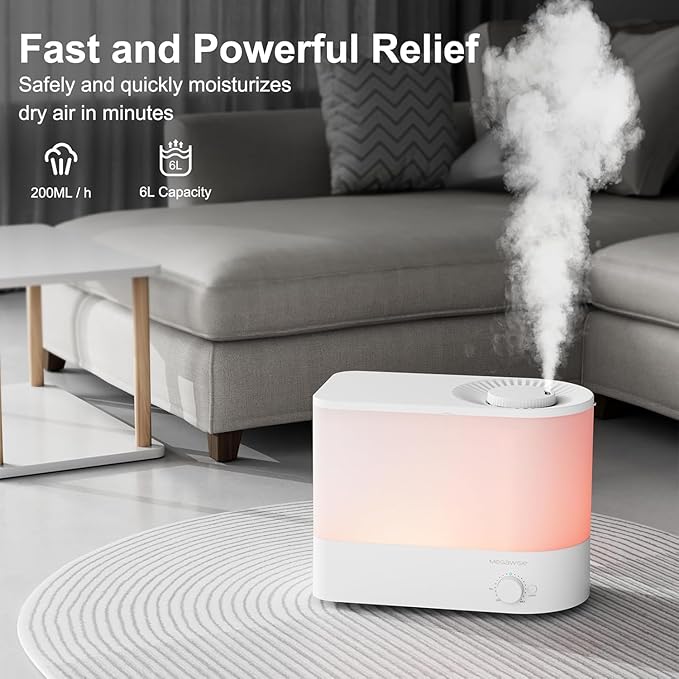MEGAWISE 6L Ultrasonic Cool Mist Humidifier for Large Room, Bedroom, Baby Room and Plants, Quiet Under 28dB, Adjustable Mist Output, Auto Shut-Off, Low Power Humidifier