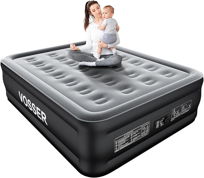 VOSSER Air Mattress Full with Built in Pump,18’’Raised Blow Up Mattress,Self Inflatable Mattress in 3 Mins,Portable Air Bed for Home,Floor&Travel,Full Size Air Mattress for Adults 660LB Max,Black