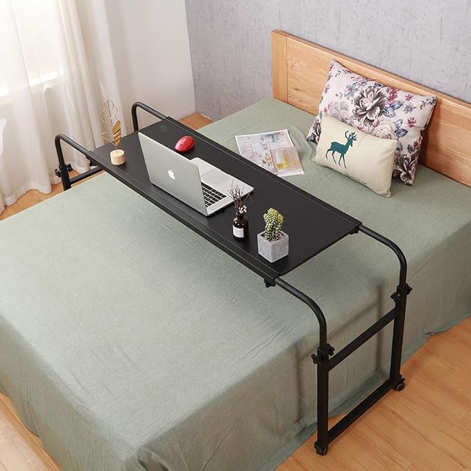 TigerDad Overbed Table with Wheels, Rolling Desk for King Queen Full Bed Heavy Duty, 55"-83" Adjustable Length & Height Hospital Nursing Table, Mobile Cross Bed Laptop Stand for Home Work, Black