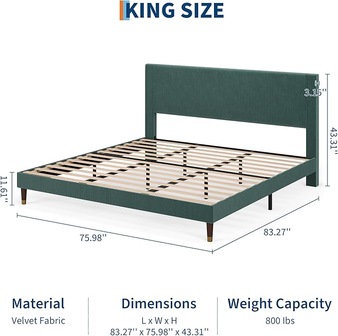 GarveeHome King Size Bed Frame with Upholstered Headboard and Strong Wooden Slats Support, Soft Corduroy Fabric Platform Bed, No Boxing Spring Needed, Easy Assembly, Dark Green