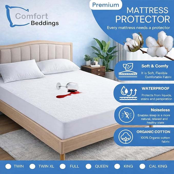 Comfort Beddings 100% Organic Cotton Mattress Protector Twin Size Mattress Cover 250GSM, Waterproof, Noiseless Fitted Bed Cover Protector with 8"-18" Deep Pocket