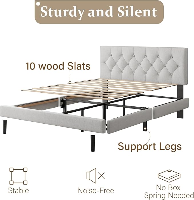 CXVX Queen Size Platform Bed Frame with Upholstered Headboard, Button Tufted Design, Strong Wooden Slats, No Box Spring Needed, Easy Assembly, Noise Free
