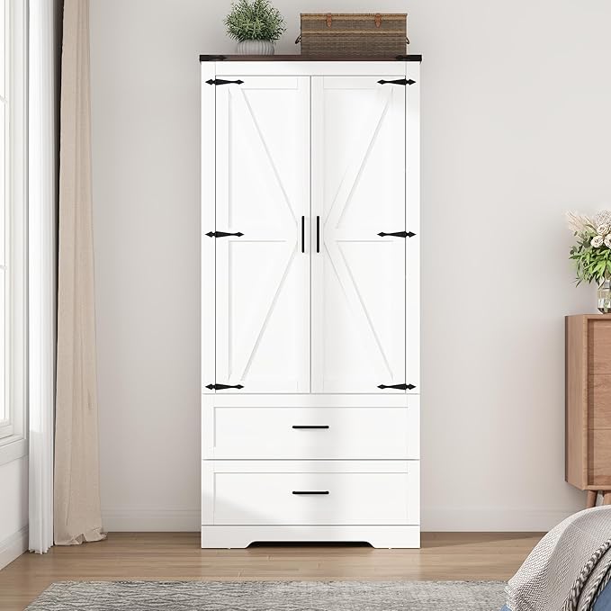 Hlivelood 2 Doors Wardrobe Armoire Closet with Doors and Drawers, Farmhouse Wooden Armoire Storage Cabinet with Shelves & Hanging Rod for Bedroom, White