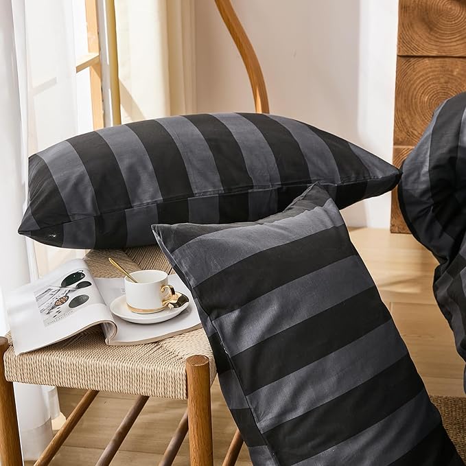Merryword Queen Size Pillowcases, 100% Cotton Pillow Cases, Black and Gray Striped Pillowcases, Luxury Linen Like Pillowcase, Soft Breathable Wide Stripe Pillow Covers, Set of 2