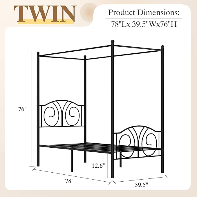VECELO Metal Canopy Bed Frame Twin Size, 4 Posters Platform Mattress Foundation with Headboard, Heavy Duty Steel Slats Support, No Box Spring Needed, Matte Black