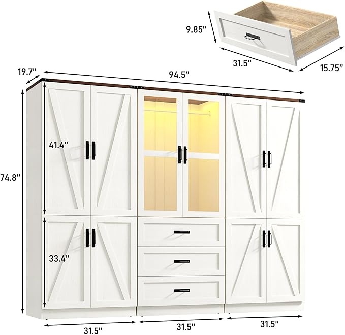 75" Tall Farmhouse 6 Doors Armoire Wardrobe Closet with 3 Drawers and LED,Freestanding Closet Wardrobe Cabinet for Bedroom with Hanging Rod,Wooden Armoire Storage Cabinet(Rustic Off White 6 Doors 1)