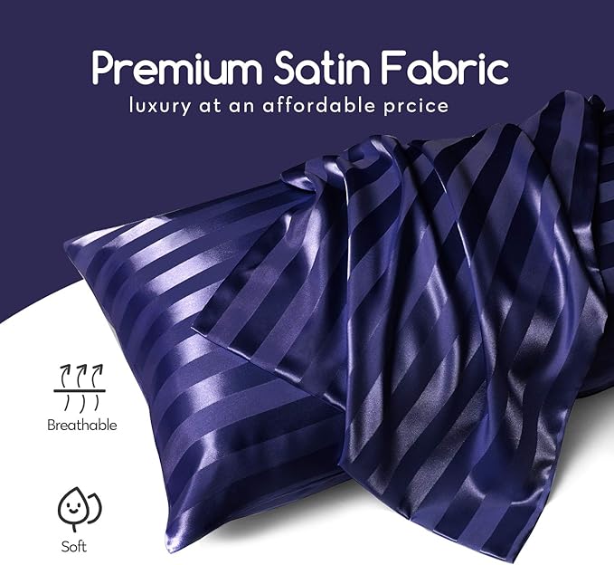 MR&HM Satin Pillowcase for Hair and Skin, Silk Satin Pillowcase 2 Pack, Queen Size Pillow Cases Set of 2, Silky Pillow Cover with Envelope Closure (20x30, Navy Blue Striped)