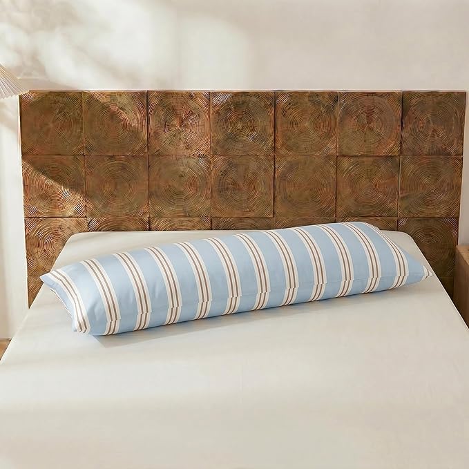 Merryword Body Pillow Cover 20x54inches, 100% Cotton Pillow Case, Light Blue Striped Pillowcase, Soft Breathable Ribbon Stripes Long Pillowcase, 1-Piece