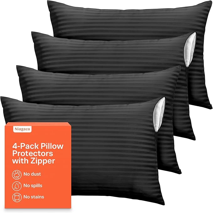 Ultra Soft Pillow Protectors with Zipper King Size - Set of 4 Breathable Pillow Covers - 100% Protection Against Stains, Dust & Dirt - Machine Washable (Striped Black)