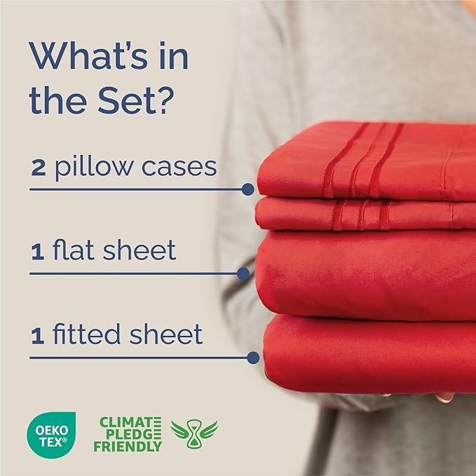 King Size 4 Piece Sheet Set - Comfy Breathable & Cooling Sheets - Hotel Luxury Bed Sheets for Women & Men - Deep Pockets, Easy-Fit, Extra Soft & Wrinkle Free Sheets - Red Oeko-Tex Bed Sheet Set