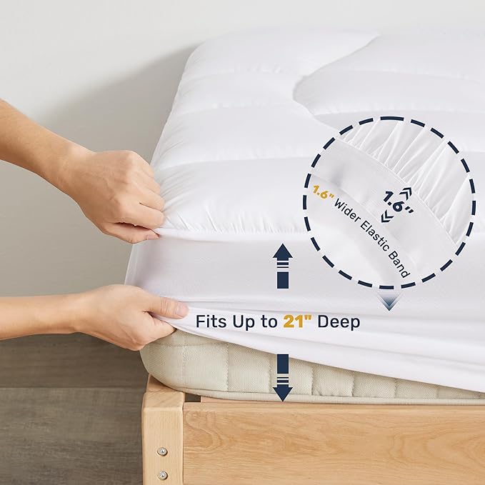Unikome Full Mattress Pad Waterproof, Eco-Friendly Ergonomic Quilted Fitted Full Mattress Topper for Guest Room, Apartments, Noiseless and Machine Washable (White, 54x75)