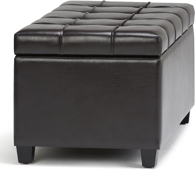SIMPLIHOME Sienna Storage Ottoman Bench - 33 inch Wide Upholstered Vegan Leather Rectangle Storage Ottoman Bench in Chocolate Brown, Transitional Tufted Ottoman for Living Room with Lift Top