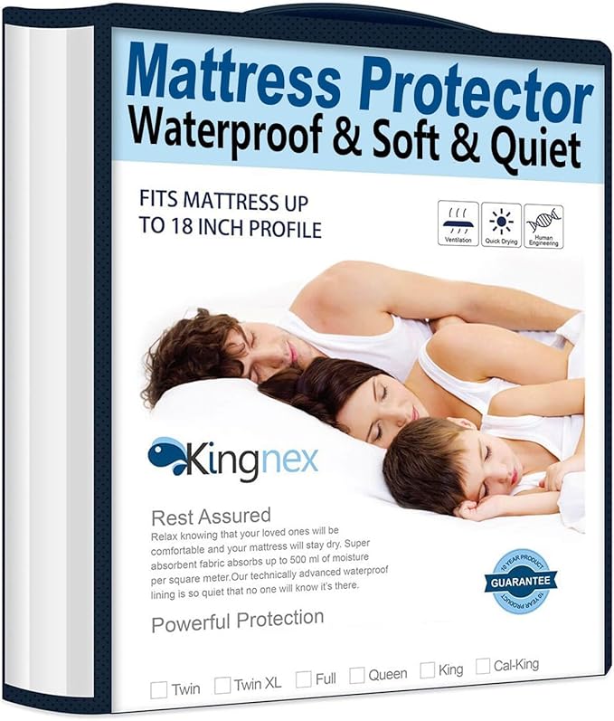 Kingnex Full Size Mattress Protector Waterproof Jersey Ultra Soft Noiseless Smooth Top Fitted Matressprotector Cover with Stretchy Pocket