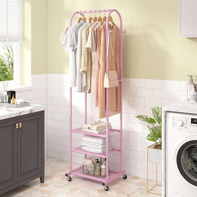 Kaitiemoo Heavy Duty Clothing Rack with Wheels,Modern Garment Rack with 3 Metal Shelves, 71.8Inches Display Rack for Hanging Clothes, Hanging Rod for Small Space,Pink