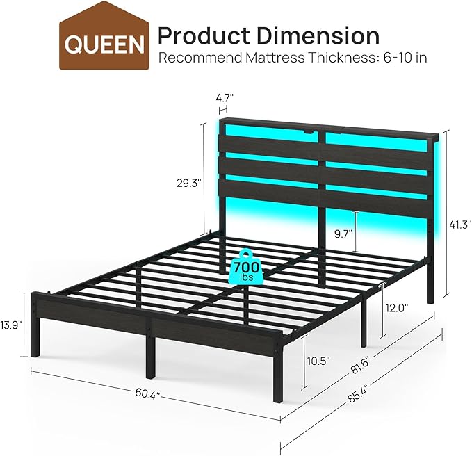 Rolanstar Bed Frame Queen Size with USB Charging Station, LED Bed Frame with Wood Storage Headboard, Black Metal Platform Bed with Under Bed Storage, No Box Spring Needed, Noise Free
