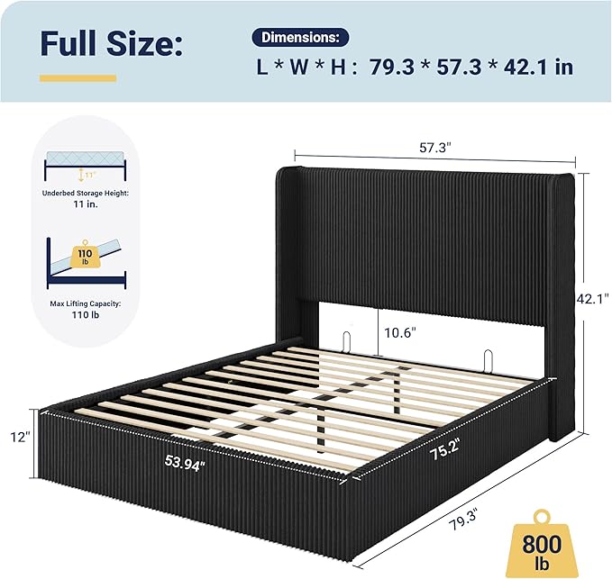 Allewie Full Lift-Up Storage Bed Frame with Modern Wingback Headboard, Corduroy Upholstered Platform Bed, Hydraulic Gas Lift Support, Underbed Storage, Wooden Slats, No Box Spring Needed, Black