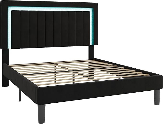 SHA CERLIN Queen Size Velvet Bed Frame with LED Light, Adjustable Vertical Channel Tufted Headboard, Strong Wooden Slats Support, Noise-Free, No Box Spring Needed, Black