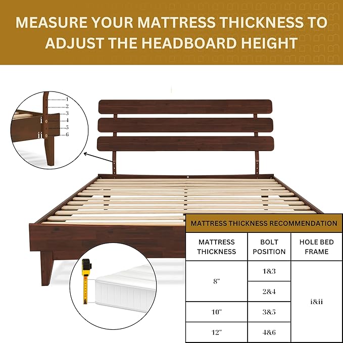 Bme Caden Queen Bed Frame and Adjustable Headboard, 15 Inch Mid Century Retro Style - Solid Acacia Wood - No Box Spring Needed - 12 Strong Wood Slat Support - Easy Assembly - Walnut
