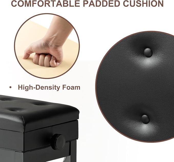 Adjustable Height Piano Bench Stool PU Leather Cushion Wooden Keyboard Seat with Music Storage (Black)