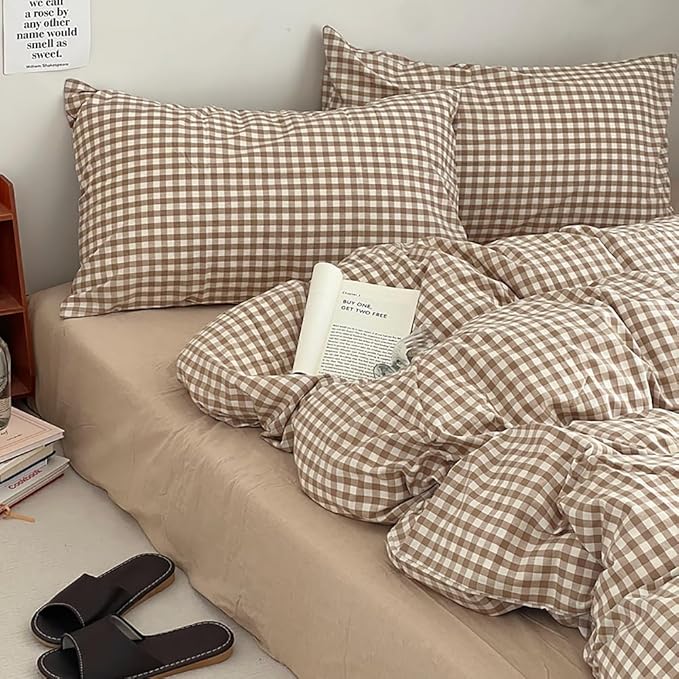 Nayoroom Brown Gingham Duvet Cover Queen Size Tan White Plaid Checkered Duvet Cover Grid Dorm Bedding Set 3 Pieces Soft Lightweight Washed Microfiber Farmhouse Bedding with Pillowcases