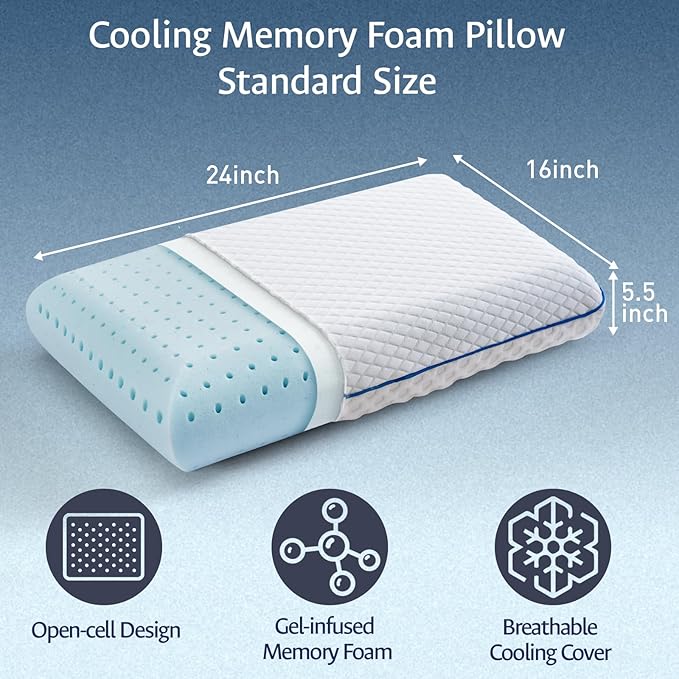 Cooling Gel Memory Foam Pillows for Sleeping Standard Size, Bamboo Rayon Bed Pillow for Back Side Sleeper, Medium Firm Contoured Support for Neck Shoulder Pain Relief, Washable Breathable Dorm Twin XL
