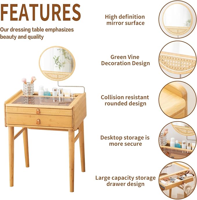 Tiita Vanity Desk, Makeup Vanity Table with Mirror, Dressing Table with 2 Drawers,Modern Wood Bedroom Vanity Vintage Dressing Table for Women Girls