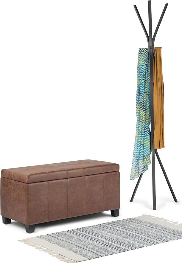 SIMPLIHOME Dover Storage Ottoman Bench - 36 inch Wide Upholstered Vegan Leather Rectangular Lift-Top Ottoman in Distressed Umber Brown, Contemporary Bench for Living Room with Safety Hinges