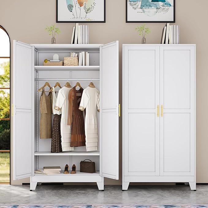 erosoei 71 "Metal Armoire Wardrobe Closet, Steel Clothing Storage Cabinet with Adjustable Shelves and Hanging Rod, Household Steel Wardrobe Storage Cabinet with Adjustable Standing feet (White)