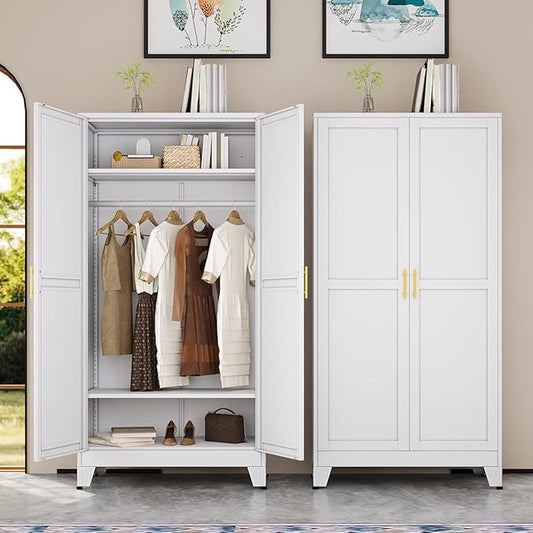 erosoei 71 "Metal Armoire Wardrobe Closet, Steel Clothing Storage Cabinet with Adjustable Shelves and Hanging Rod, Household Steel Wardrobe Storage Cabinet with Adjustable Standing feet (White)