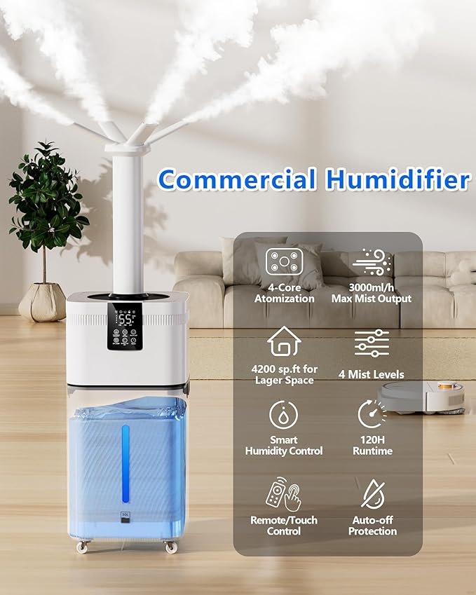 30L/7.93Gal Commercial Humidifier Large Room 4200 sq.ft, Whole House Humidifiers 3000ml/H Mist Output, Cool Mist Industrial Humidifiers for Home, Plants, Office, Warehouse, Greenhouse