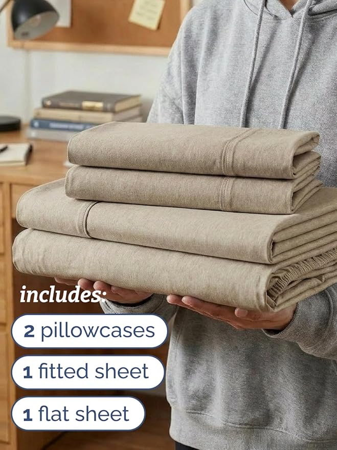 Twin XL 4 Piece Sheet Set - Comfy, Breathable & Cooling - Soft Hotel Luxury Bedding for Women, Men, Kids, Teens & Children - 1 Flat & 1 Fitted Sheet & 2 Pillowcases w/ Deep Pockets - Heathered Beige