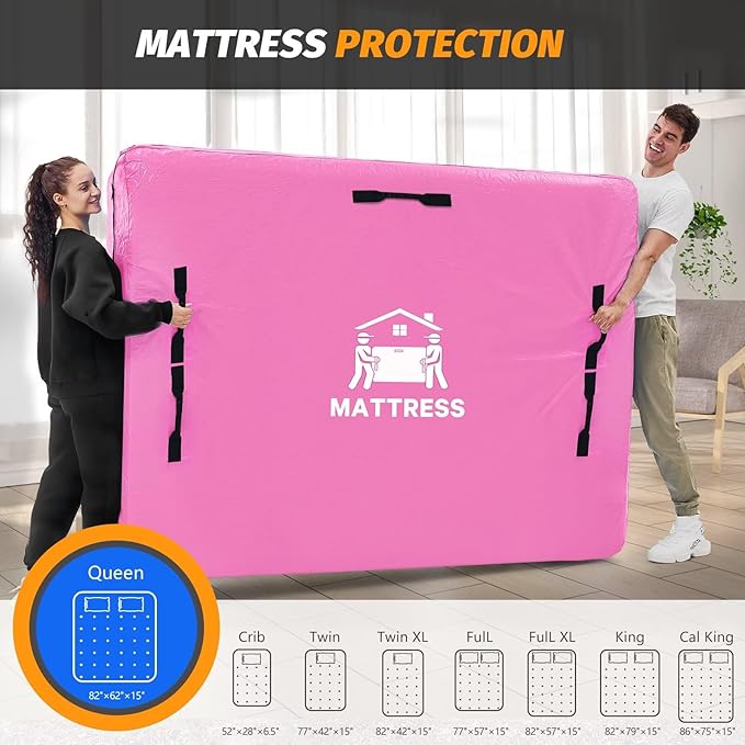 Mattress Bags for Moving, BETU Mattress Protector Waterproof Mattress Cover Queen Size Storage Bags with 8 Heavy-Duty Handles and Zipper for Bed Extra Thick Large Reusable (82"x62"x15" Pink)