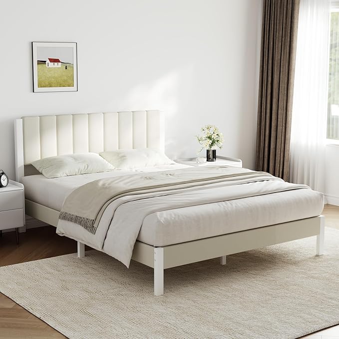 Novilla King Bed Frame with Piano Keys Headboard and Footboard, Metal Platform Bed Frames King Size, No Box Spring Needed, Easy Assembly, Steel Slats Support, Velvet White