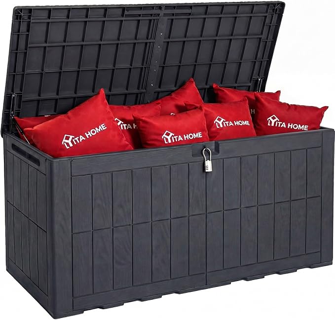 YITAHOME 134 Gallon Large Deck Box, Waterproof Resin Outdoor Storage Box with Lock, Doubles as 2-Person Bench Seating for Patio Furniture Cushions,Garden Tools & Pool Accessories, Dark Gray