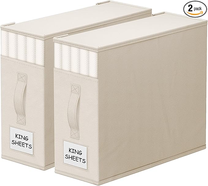 StorageTastic 2 Pack Bed Sheet Closet Organizers and Storage,Sturdy Foldable Storage Containers with Window and Label,Storage and Organization for Bedding Sheets,Duvet Covers,Blankets (Beige)