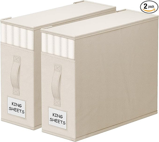 StorageTastic 2 Pack Bed Sheet Closet Organizers and Storage,Sturdy Foldable Storage Containers with Window and Label,Storage and Organization for Bedding Sheets,Duvet Covers,Blankets (Beige)