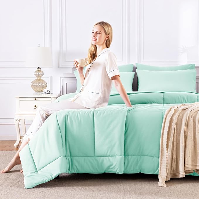 CozyLux Queen Comforter Set Mint Green, 7 Pieces Bed in a Bag, Green Comforters Queen Size, All Season Bedding Sets with Stitch Quilted Comforter, Flat Sheet, Fitted Sheet, Pillowcases